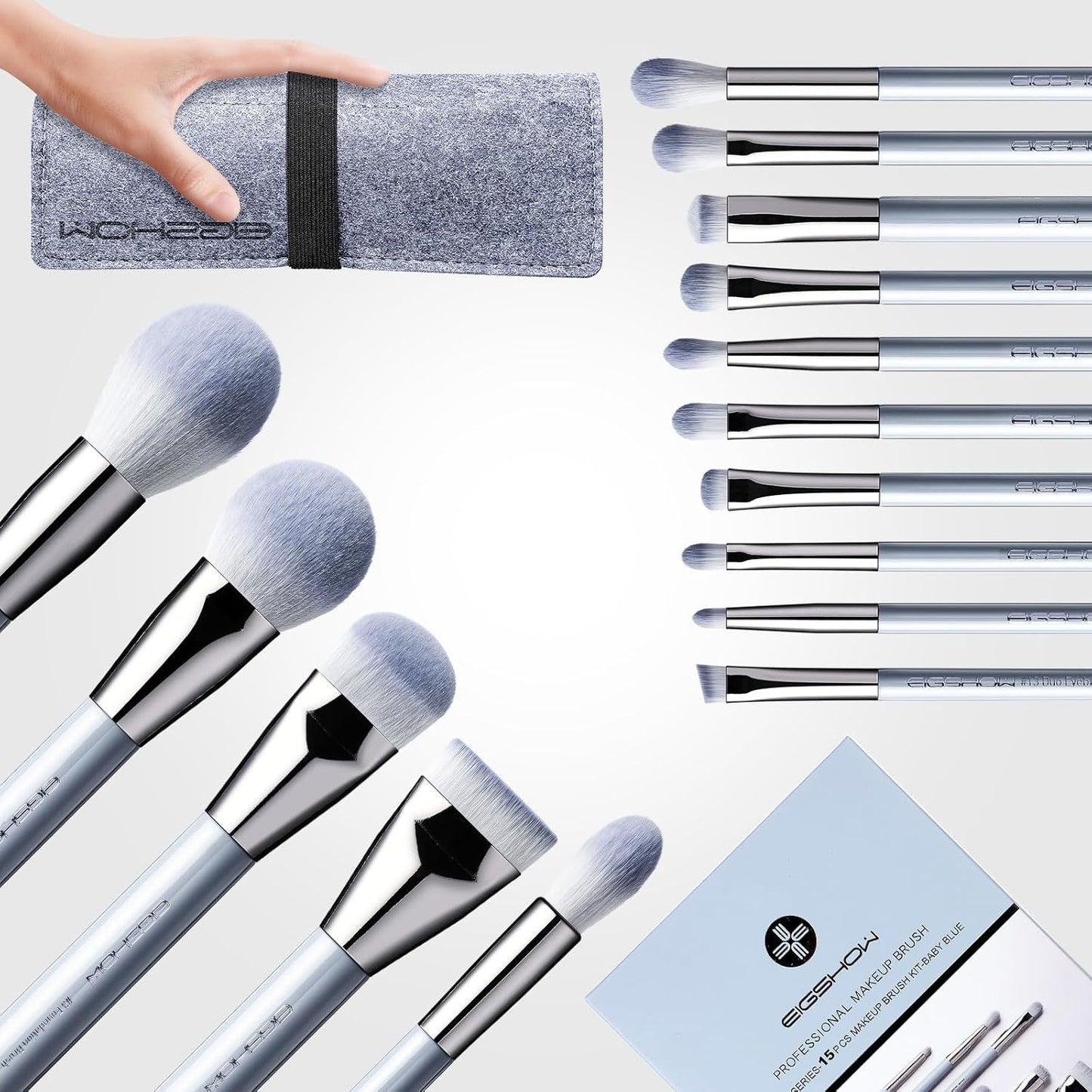 Makeup Brushes,  15Pcs Professional Makeup Brush Set with Case, Premium Synthetic for Foundation Contour Concealers Blush Eye Shadow (BABYBLUE)