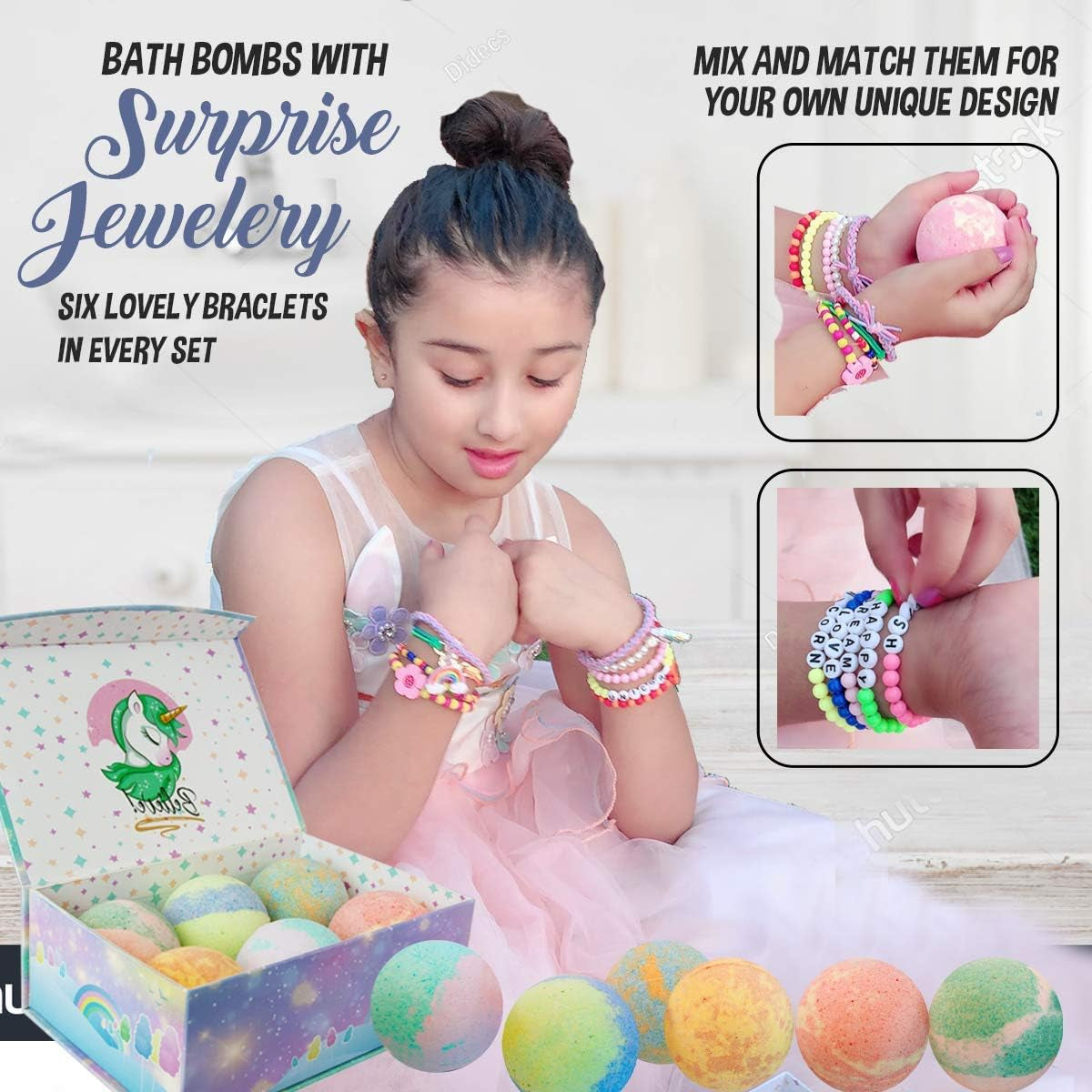 Unicorn Bath Bombs for Girls with Jewelry inside & Jewelry Box for Kids - Organic, Skin Moisturizing, Natural Bubble Bath Bombs for Kids with Surprise Toy Inside, Birthday Gifts for Girls, Kids