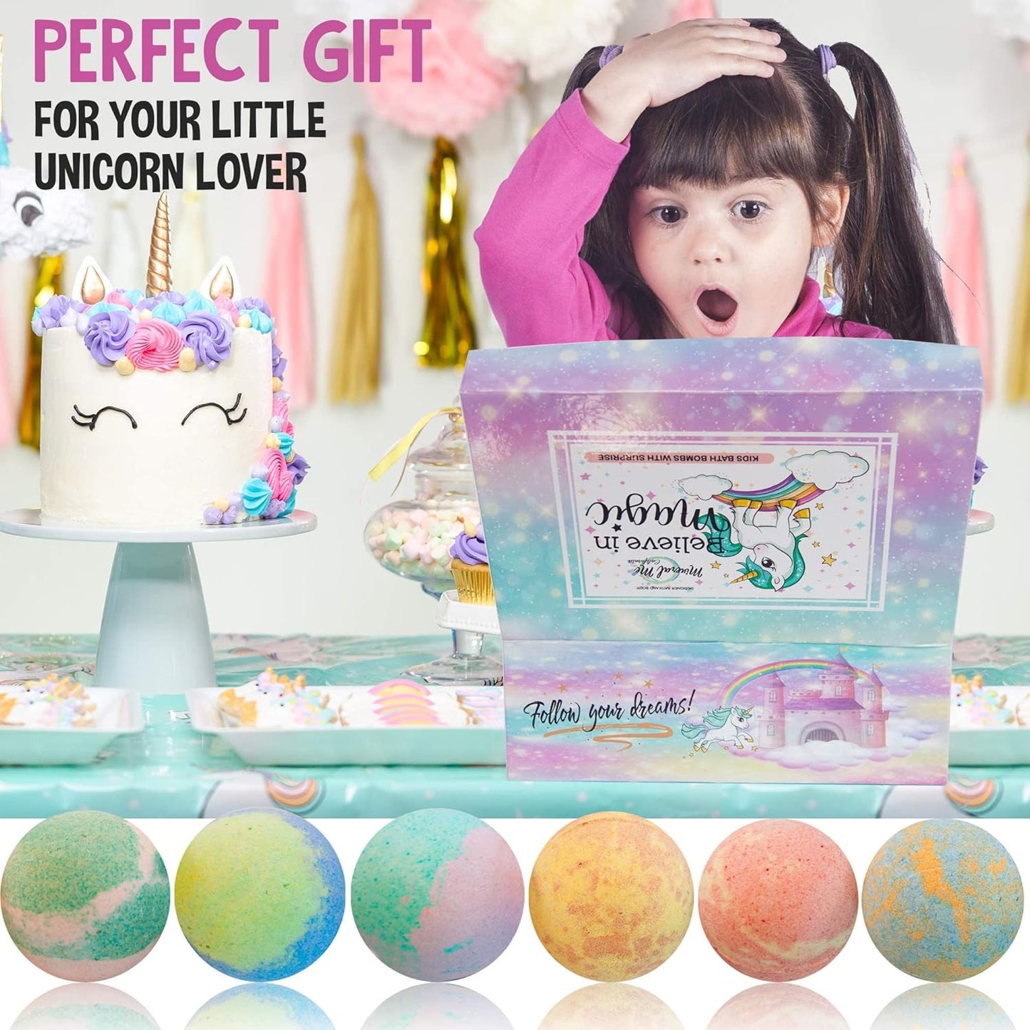 Unicorn Bath Bombs for Girls with Jewelry inside & Jewelry Box for Kids - Organic, Skin Moisturizing, Natural Bubble Bath Bombs for Kids with Surprise Toy Inside, Birthday Gifts for Girls, Kids