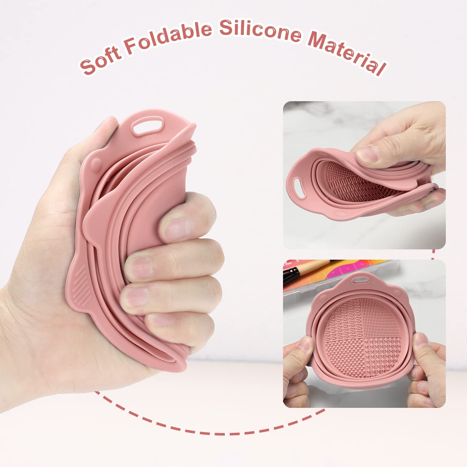 Foldable Silicone Makeup Brush Cleaner Bowl -  Portable Cleaning Tool for Brushes, Powder Puffs, and Sponges (Pink)