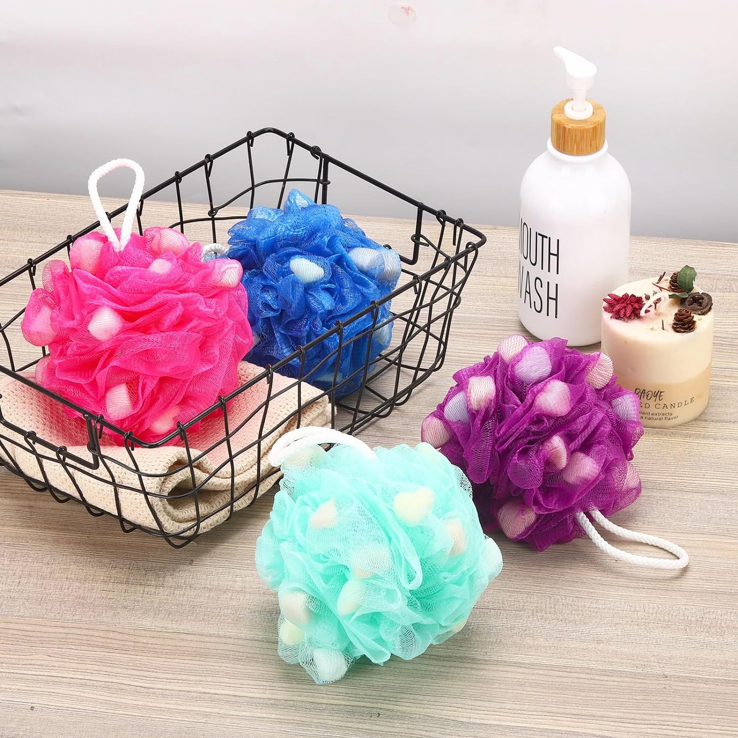 Premium Mesh Poufs (65G/Pcs) Bath Sponges Shower Loofahs Exfoliating Shower Puff - Great for Body Wash Pack of 4