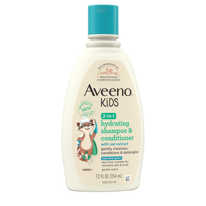 Aveeno Kids 2-In-1 Hydrating Shampoo & Conditioner, Gently Cleanses, Conditions & Detangles Kids Hair, Formulated with Oat Extract, for Sensitive Skin & Scalp, Hypoallergenic, 12 Fl. Oz