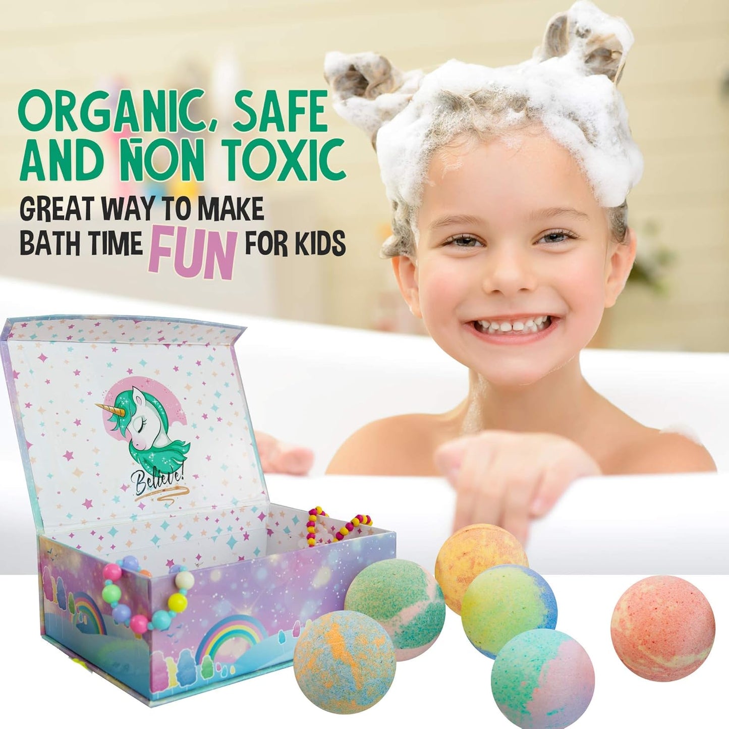 Unicorn Bath Bombs for Girls with Jewelry inside & Jewelry Box for Kids - Organic, Skin Moisturizing, Natural Bubble Bath Bombs for Kids with Surprise Toy Inside, Birthday Gifts for Girls, Kids