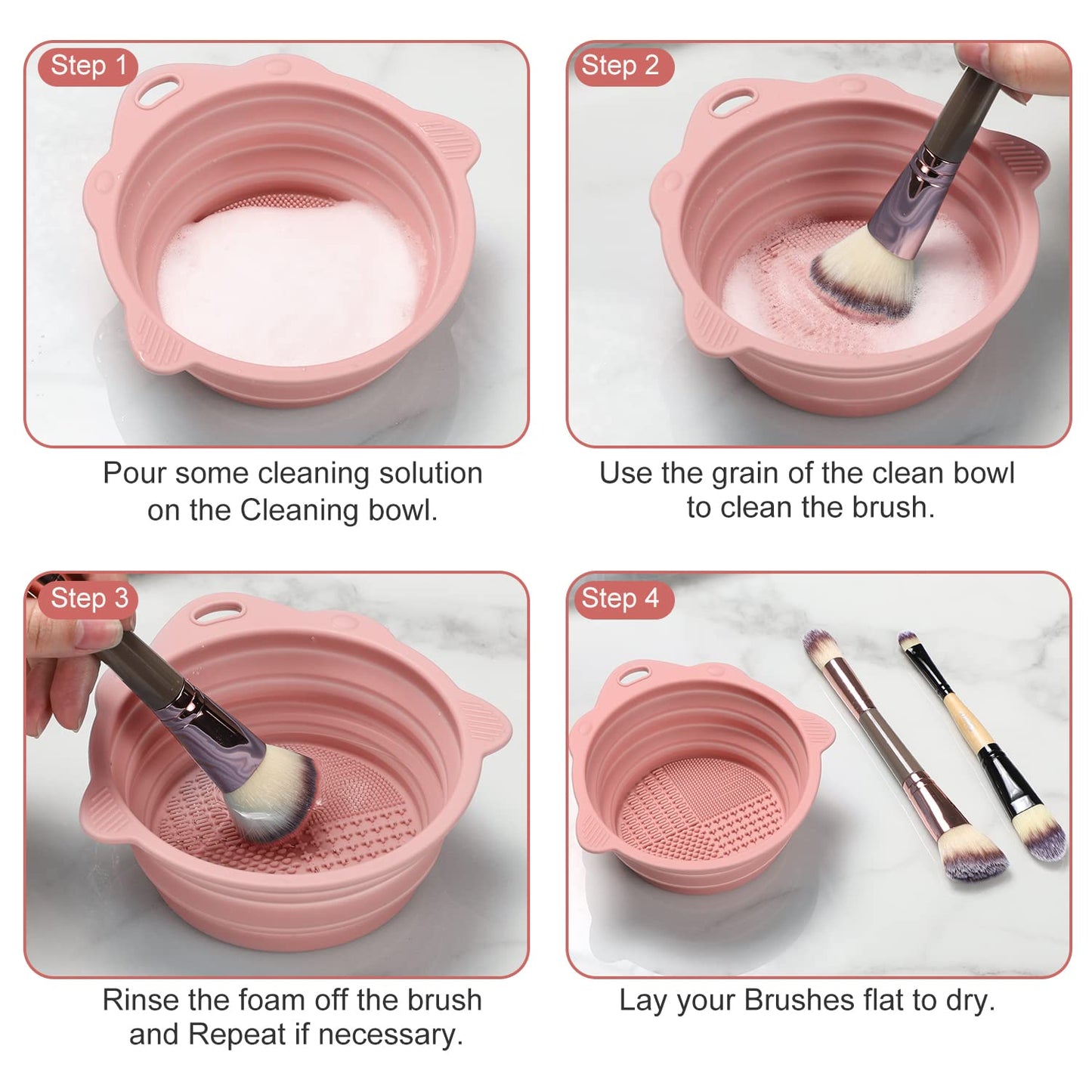 Foldable Silicone Makeup Brush Cleaner Bowl -  Portable Cleaning Tool for Brushes, Powder Puffs, and Sponges (Pink)