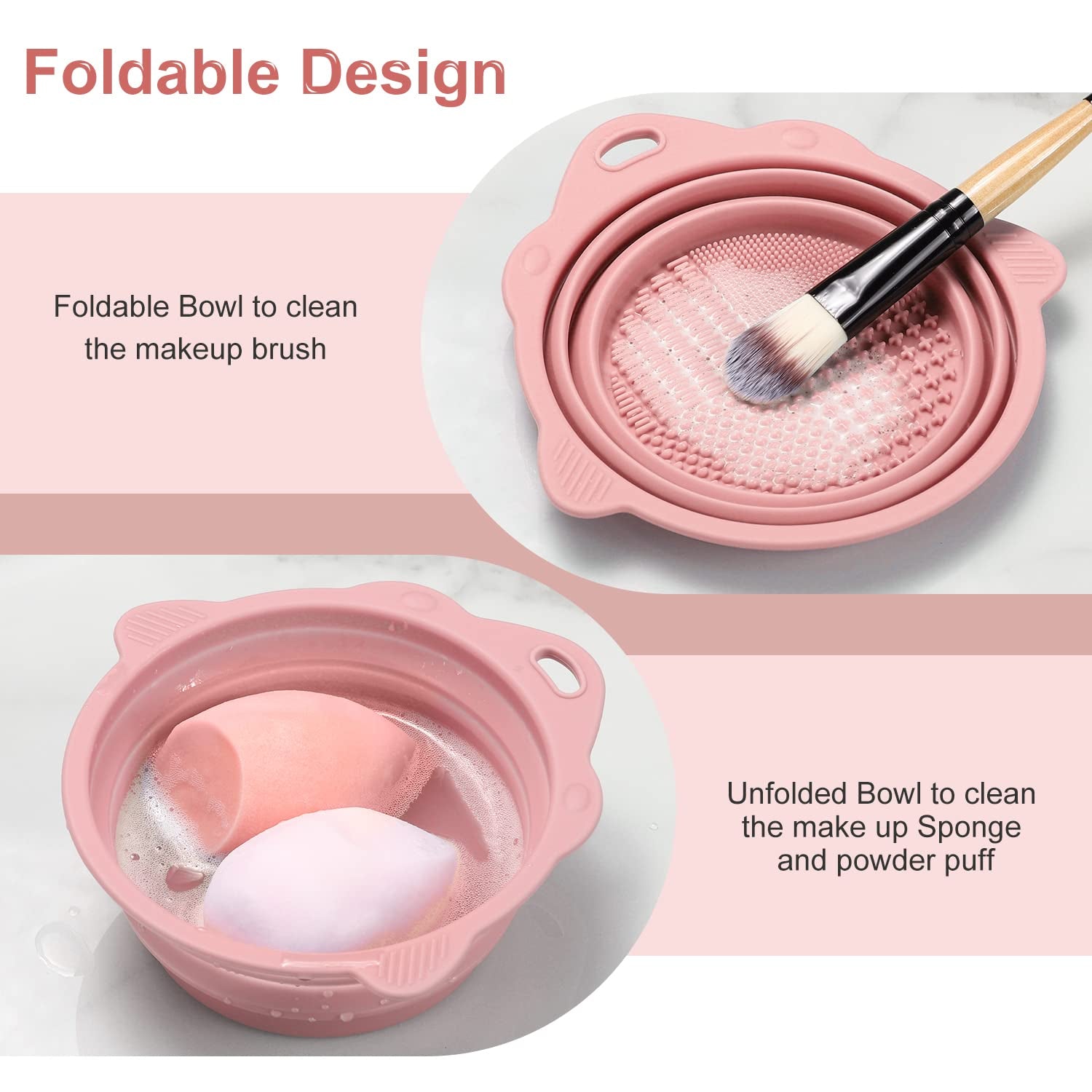 Foldable Silicone Makeup Brush Cleaner Bowl -  Portable Cleaning Tool for Brushes, Powder Puffs, and Sponges (Pink)