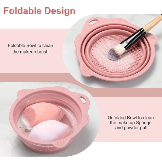 Foldable Silicone Makeup Brush Cleaner Bowl -  Portable Cleaning Tool for Brushes, Powder Puffs, and Sponges (Pink)